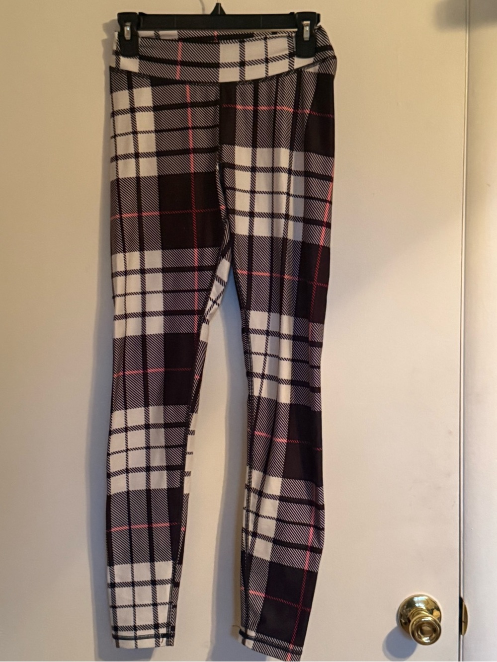 Mini beast Plaid Black and White womens Leggings with Red Accents- scrunchy butt